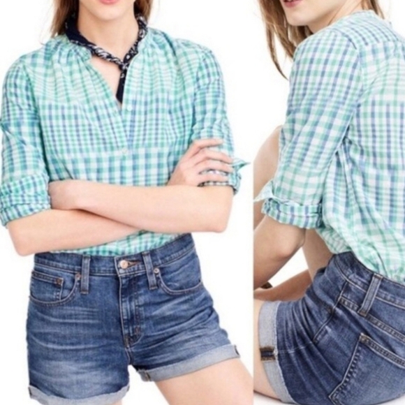 J.Crew Popover Shirt in Gingham Ikat Size 10 Large Casual Lagenlook Peasant - Picture 6 of 8